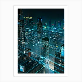 A Futuristic Cityscape Interconnected By Glowing Cyber Security Mesh Networks Represented By Pulsat (1) Art Print