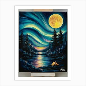 A Captivating Nocturnal Scene Painted In Vibrant Colors, Featuring A Large, Bright Yellow Moon Dominating The Sky Poster