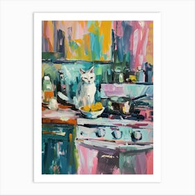 White Cat In The Kitchen Art Print