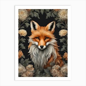 Fox With Chrysanthemums Art Print