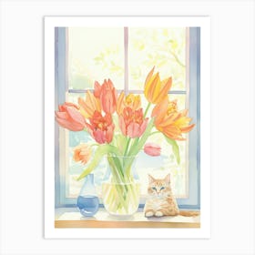 Cat With Tulip Flowers Watercolor Mothers Day Valentines 1 Art Print