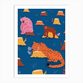 Leopard, Monkey And Sloth In The Forest Art Print