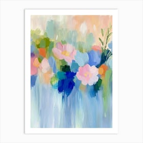 A Colorful Abstract Painting Depicting A Floral Scene With Brushstrokes Of Blue, Green, And Pink Art Print