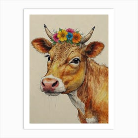 Cow With Flowers 2 Art Print