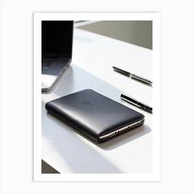 Leather Phone Case Nestled On A Minimalist White Desk Accented By The Elegance Of A Sleek Ballpoin Art Print