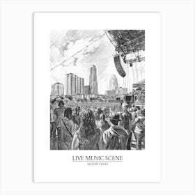 Live Music Scene Austin Texas Black And White Drawing 1 Poster Art Print