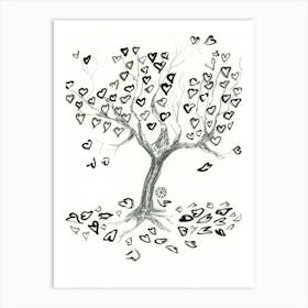 Tree Of Black Hearts - black and white ink graphite love romance Art Print