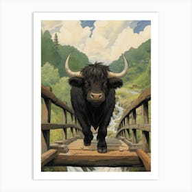 Animated Black Bull Crossing A Wooden Bridge 2 Art Print