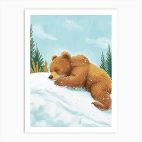 Brown Bear Cub Sliding Down A Snowy Hill Storybook Illustration 2 Art Print