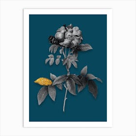 Vintage Provins Rose Black and White Gold Leaf Floral Art on Teal Blue n.1126 Art Print