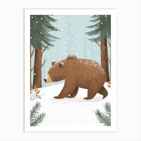 Brown Bear Walking Through A Snow Covered Forest Storybook Illustration 7 Art Print