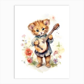 Playing Music Watercolour Lion Art Painting 3 Art Print