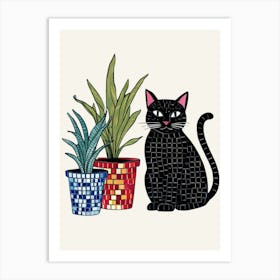 Black Cat With Potted Plants Art Print