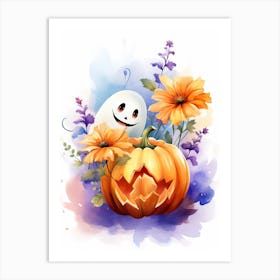 Cute Ghost With Pumpkins Halloween Watercolour 108 Art Print