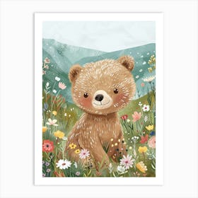 Brown Bear Cub In A Field Of Flowers Storybook Illustration 2 Art Print