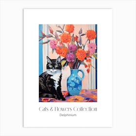 Cats & Flowers Collection Delphinium Flower Vase And A Cat, A Painting In The Style Of Matisse 3 Art Print