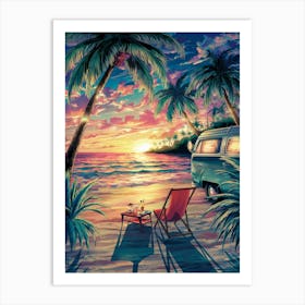 Anime Canvas Art: Sunset Tropical Beach Scene with Camper Van, String Lights, and Calm Ocean, Perfect for Lofi Aesthetic and Relaxing Coastal Decor Lovers. 1 Art Print