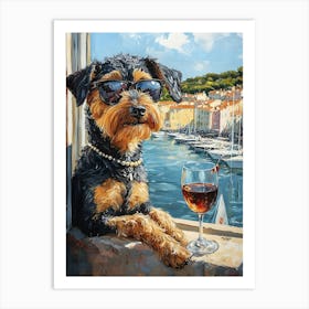 Airedale Drinking Wine At The Harbor Art Print