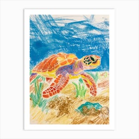 Sea Turtle On The Beach Crayon Doodle 1 Art Print