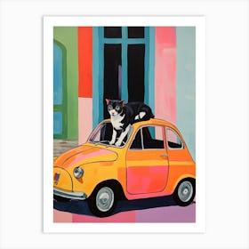 Fiat 500 Vintage Car With A Cat, Matisse Style Painting Art Print