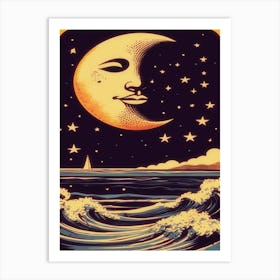 Moon Stars Ocean 1970s Retro Motif Art Print
