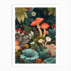 Mushrooms And Ferns Art Print