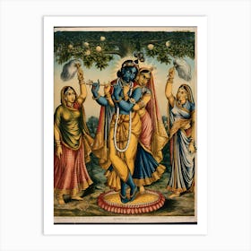 Radha and Krishna flanked by two devotees. Art Print