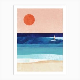 Sunset Surf Girl, Modern Beach Geometric Travel Poster Art Print