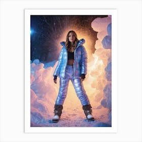 Woman in down jacket in the snow with fireworks, mystic Art Print