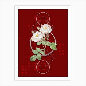 Vintage White Damask Rose Botanical with Geometric Line Motif and Dot Pattern n.0342 Art Print