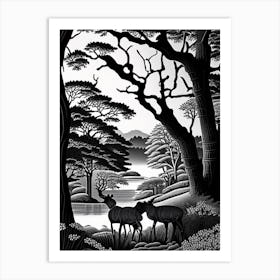 Nara Park, 1, Japan Linocut Black And White Vintage Art Print