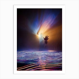 Surrealistic Painting Featuring A Hand Reaching Out Toward Phantom Vibrations Visualized As Wavy Lig Art Print