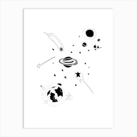 Black And White Drawing Of Planets Universe Hand Drawing Illustration Art Print