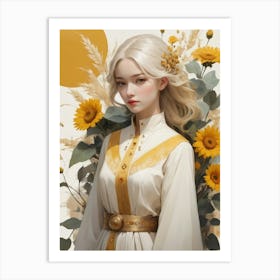 Portrait Of A Girl With Sunflowers Art Print