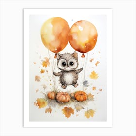 Owl Flying With Autumn Fall Pumpkins And Balloons Watercolour Nursery 2 Art Print
