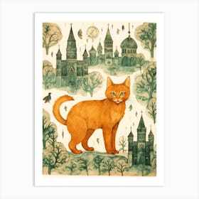 Ginger Cat With Castles & Trees Art Print