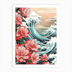 Great Wave With Rhododendron Flower Drawing In The Style Of Ukiyo E 4 Art Print