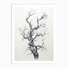 Grey Tree Branches, Japanese Brush Painting, Ukiyo E, Minimal 2 Art Print