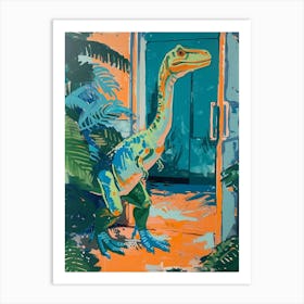 Dinosaur In The House Blue Orange  Art Print