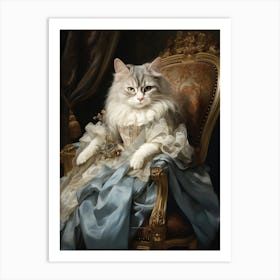 Cat In Blue Silk Dress On Throne Art Print