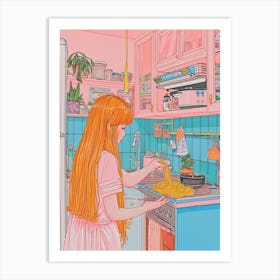 Girl Cooking Pasta Lo Fi Kawaii Illustration 1 Art Print
