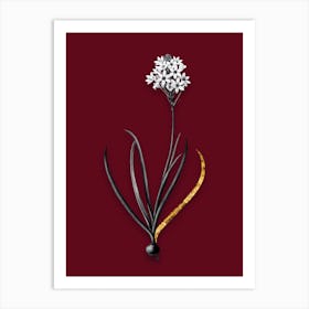 Vintage Arabian Starflower Black and White Gold Leaf Floral Art on Burgundy Red n.0251 Art Print