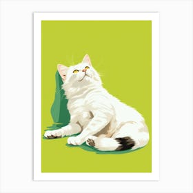 White Cat On Green Background Art Print