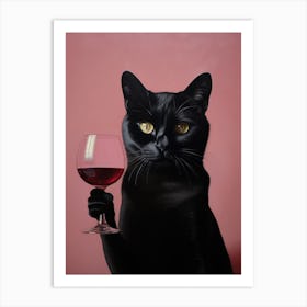 A Black Cat With A Wine Glass In Front Of Him Art Print