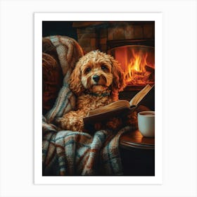 Cosy Cavapoo Reading By The Fire Art Print