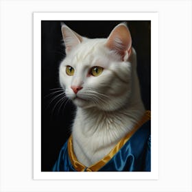 White Cat In Blue Dress Art Print