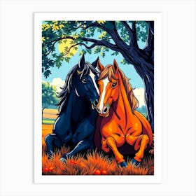 Black And Brown Horse Couple Under a Tree Art Print