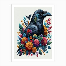 Crow And Flowers 1 Art Print