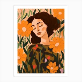 Woman With Autumnal Flowers Portulaca 1 Art Print