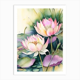 Lotus Flowers In Park Watercolour Ink Pencil 3 Art Print